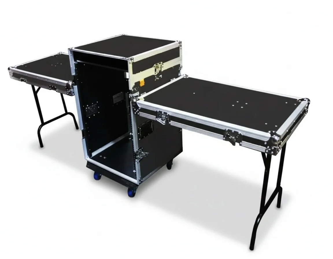 Estuche de aluminio para transporte con mesa plegable, estuche para mezclador de DJ, estuche ignífugo para teclado, estuche para almacenamiento de CD, resistente