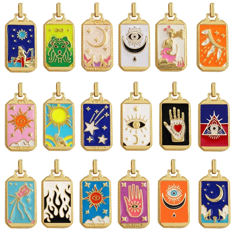 Enamel Tarot Cards Pendant for Necklace Man Women Gold Color Sun Star Moon Evil Eye Heart Charm Pendants Accessories Jewelry S90