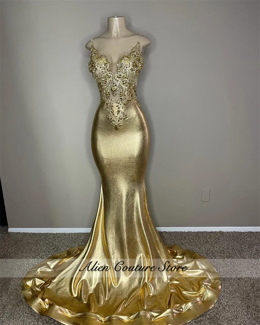 Customized Gold Diamonds Mermaid Prom Dress For Black Girls Rhinestone Beaded Formal Party Gala Evening Gown Robes De Soiree