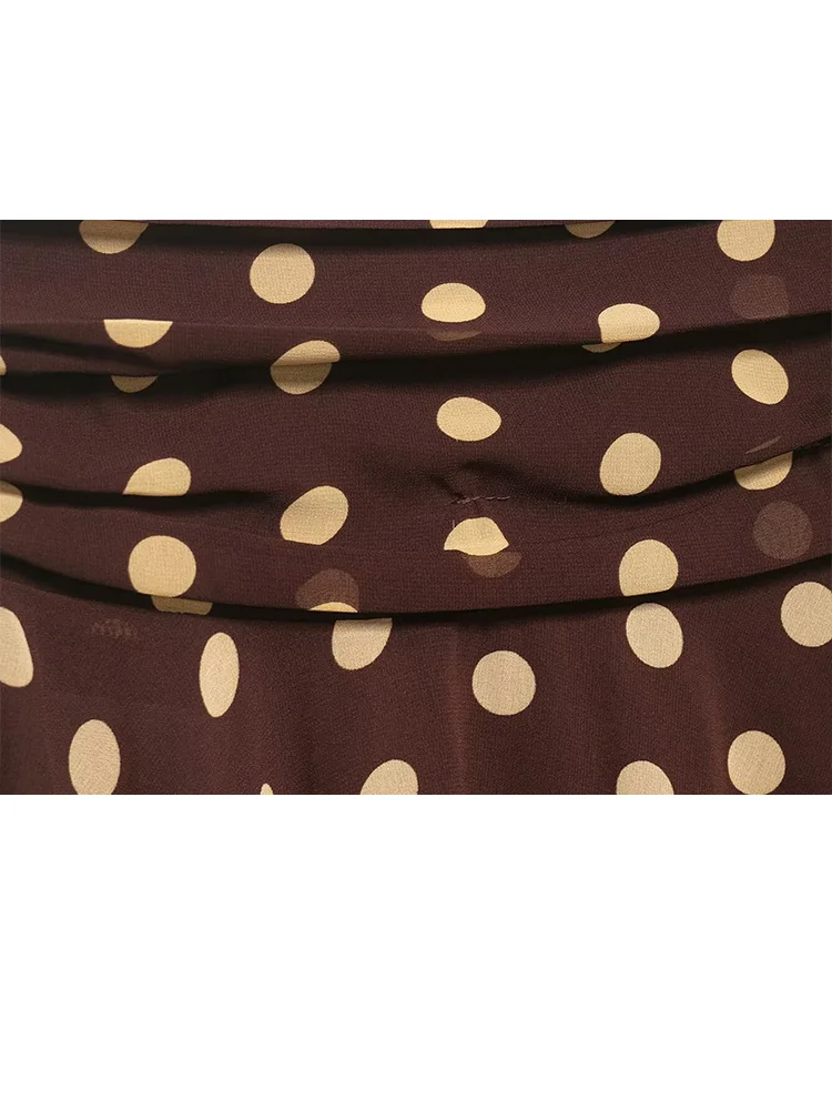 HH Women's Summer Fashion Versatile Brown Polka Dot Asymmetric Hem Skirt Female Retro Casual Slim Side Zipper High Waist Skirt