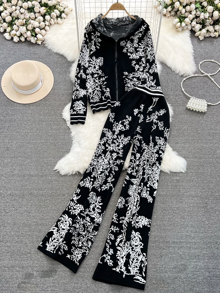 Women Vintage Fashion Print Knit Casual Loose Suits Autumn Winter Zipper Hoodie High Waist Wide Leg Pants Two Piece Sets