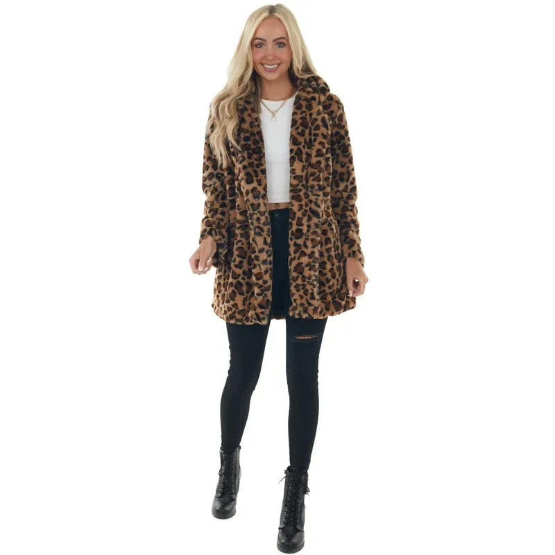 Women's S-5XL size European and American autumn and winter leopard print women's fashion and temperament faux fur with