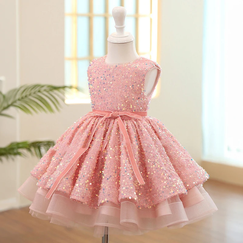 

Evening Wedding Kids Formal Occasion Dress for Little Girls Pink Sequin Short Dresses Elegant Luxury Pageant Knee Length Gowns