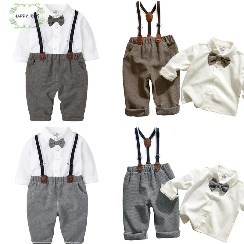 Kids Boys  Gentleman Style Formal Cotton Soft Children Boy Clothing White Shirt＋Suspender Autumn Long Sleeved Baby Clothes Sets