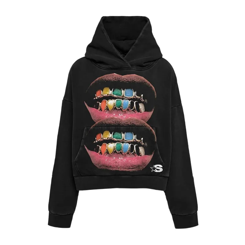 

Y2K vintage hoodies oversized Lips and teeth pattern printed tops Gothic Harajuku clothing for men women sweatshirt streetwear