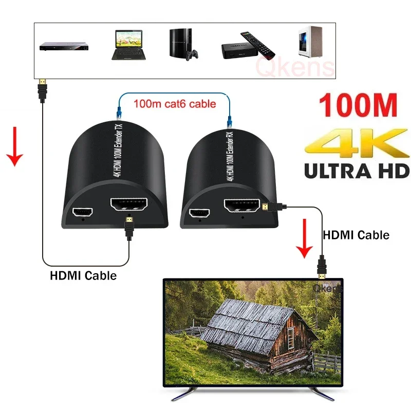 

4K 100M HDMI Ethernet Cable Extender Video Converter Via CAT5e Cat6 Cable 1080P 60m Rj45 HDMI Extender for PS5 Laptop PC To TV