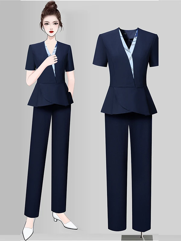 

Elegant Short Sleeve Two-Piece Set for Sale in Beauty Salon And Sales Office High Waist Slim Fit Fashion Work Uniform Suit