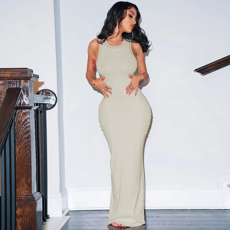 

Women's 2024 long Summer New Fashionable Solid Color Slimming Round Neck Sleeveless Dress elegant aesthetic Fashion