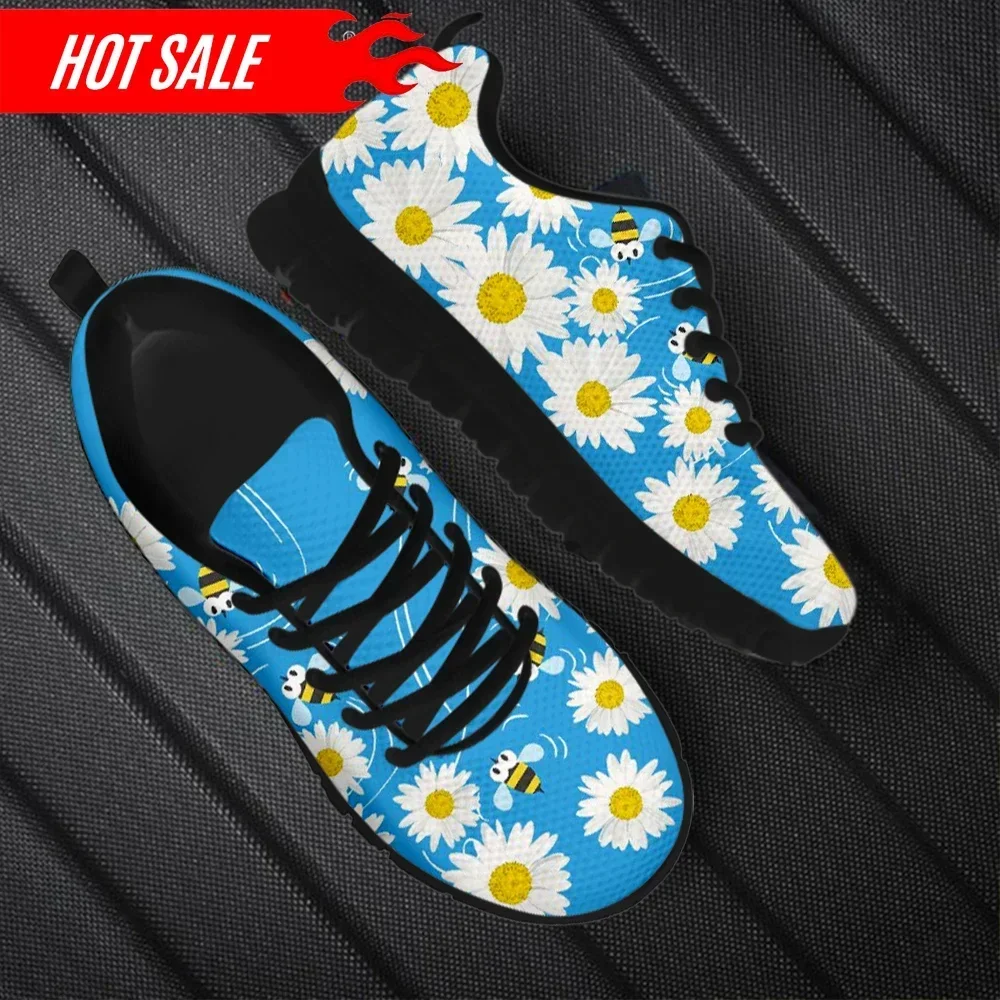 Tênis Feminino Leve com Estampa de Margaridas e Abelhas, Antiderrapante, Respirável, Casual e Vulcanizado - Tendência Primavera