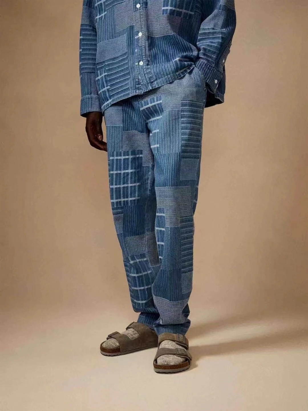 

Kith Japanese Indigo Casual Pants Worn-In Denim Embroidered Patchwork Blue Jeans Loose Fit Straight Leg Long Trousers