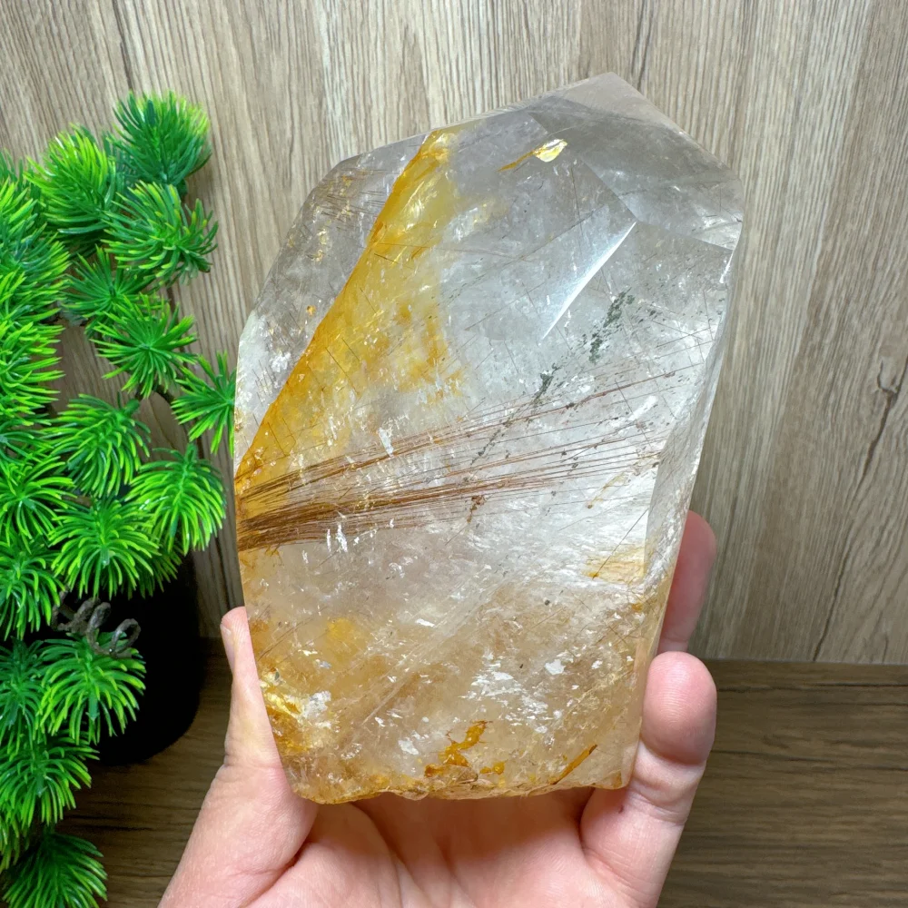 Natural Big Clear Quartz Mix Golden Healer Red Rutile Free Form Crystal Unique Healing Reiki Stone Home Decorative Ornament Gift