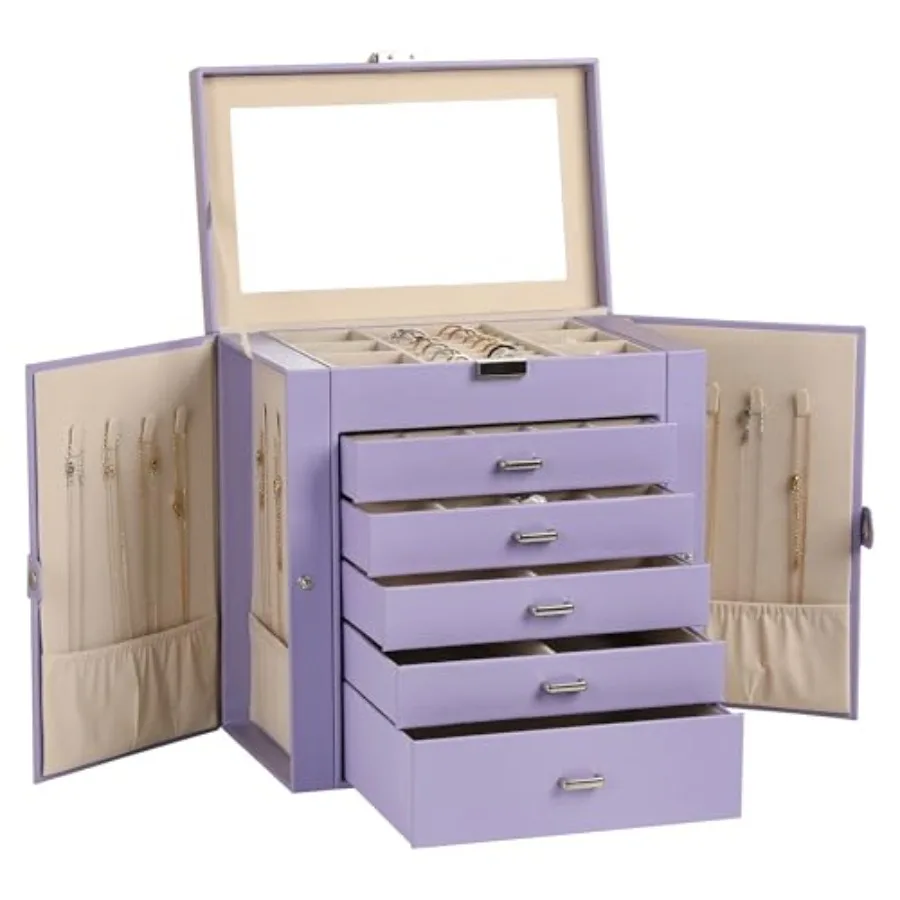 

Large Jewelry Box6-Tier PU Leather Jewelry Organizer Multi-functional Storage Case with Mirror Accessories Holder with 5 Drawer