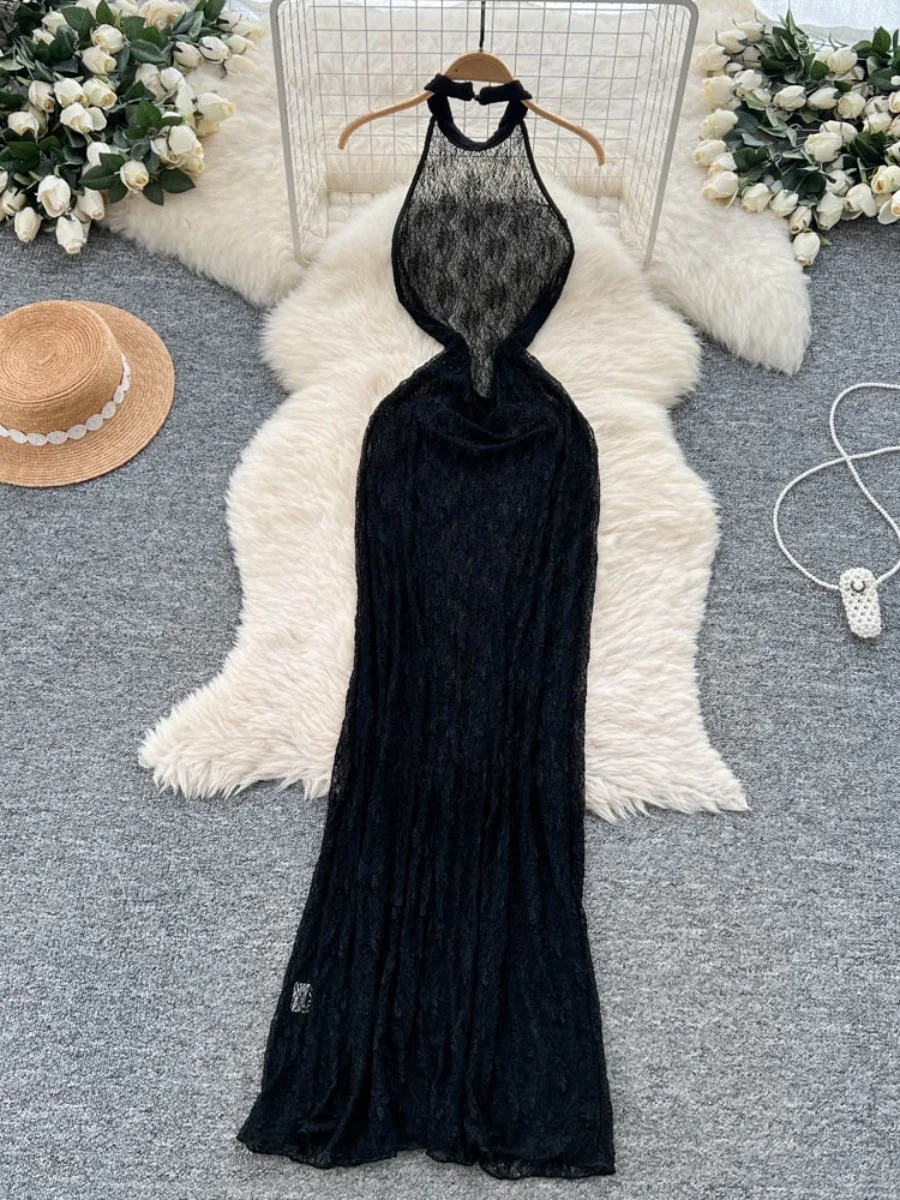 Foamlina verano malla encaje Sexy espalda descubierta ajustado elegante único Maxi vestido europeo chica caliente Halter vestido largo ajustado
