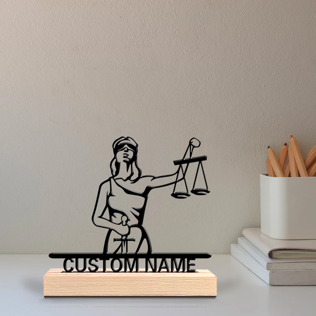 1pc Judge's scales Customizable Name Metal Statue Iron Handicraft With Wood Base Tin Ornament With Wood Base For Home Desk Decor