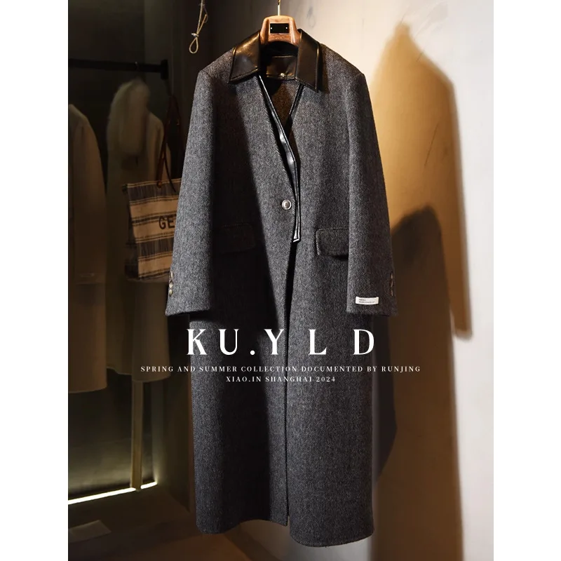 DFDG Abrigo de cuero de mezcla de lana de retales con bloques de Color de diseñador Otoño Invierno 2025 para mujer Abrigo hasta la rodilla con cuello con muescas vintage