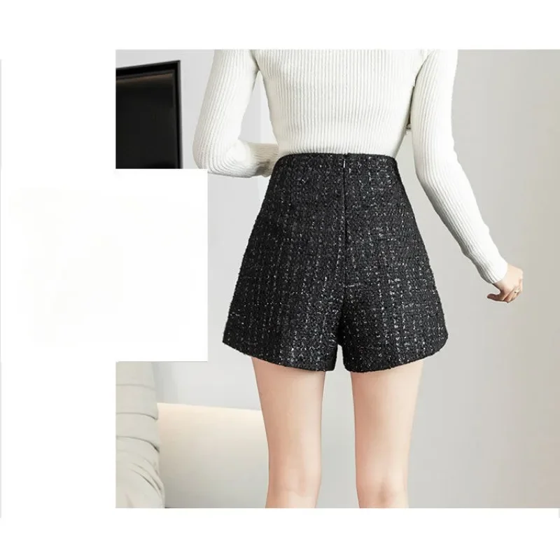 High-waisted Shorts Bright Silk Wearing Boot-pants Women Winter Style Small Fragrance Double-breasted Fashion Wide-leg Pants New