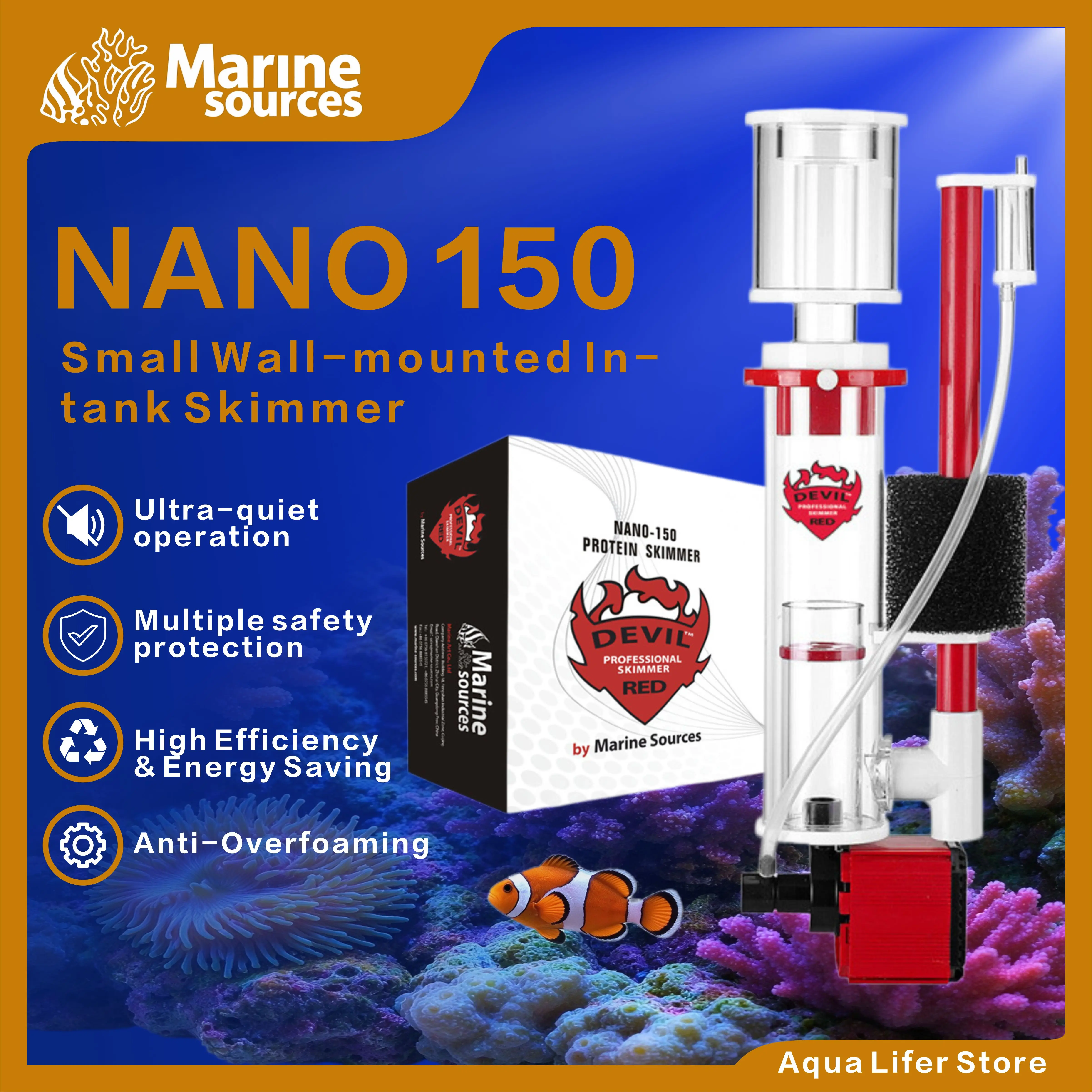 Reef Tank Filter - เครื่องกรองสำหรับตู้ปลา Marine Sources NANO150, เครื่องกรองโปรตีนขนาดเล็ก, ทำงานเงียบและมีประสิทธิภาพสูง,