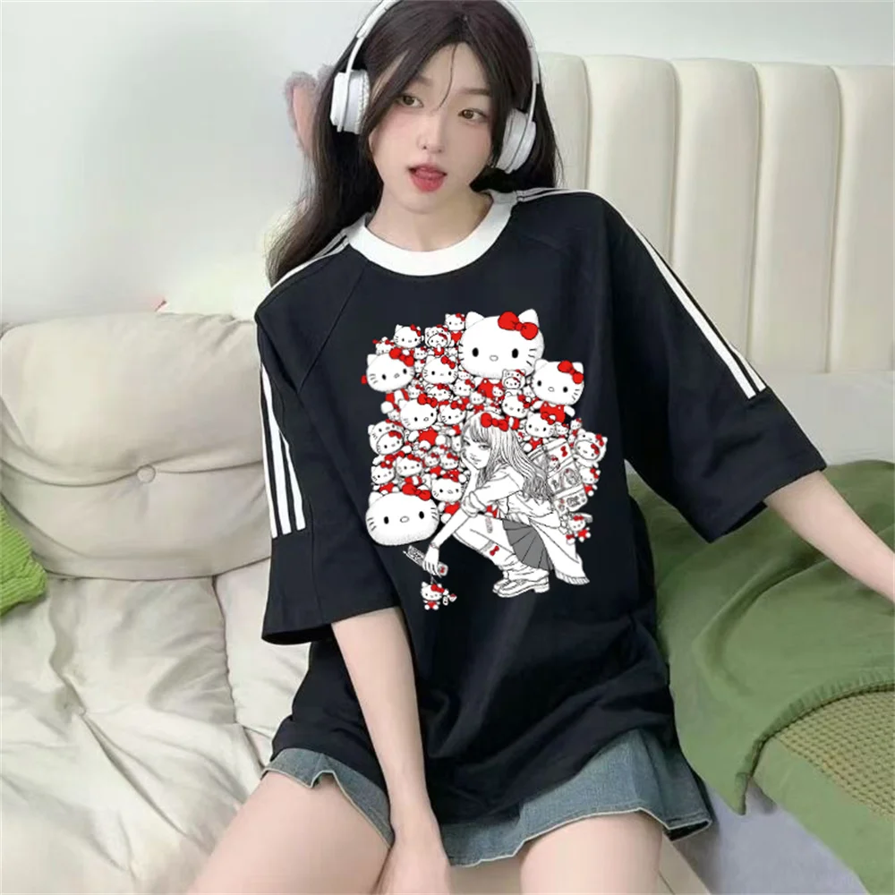 

Короткая футболка реглан с персонажами Junji Ito и Sanrio, унисекс, топ из чистого хлопка, летний прилив, с короткими рукавами