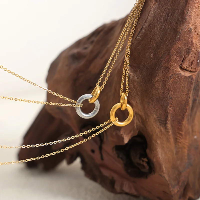 Two-tone Circular Ring Pendant Necklace For Women 18k Gold Plated Stainless Steel Women\'s Chain Necklace