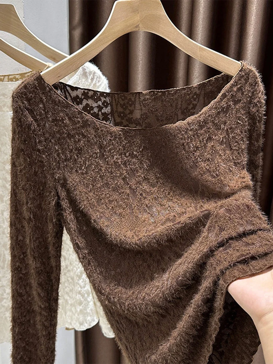 

Lace Base Shirt Women's Autumn Winter Large round Neck Long Sleeve Flocking Base Shirt Commute Style Slim Fit Polye...