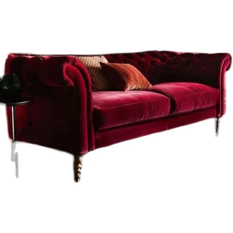 

Retro Wine Red Fabric Solid Wood Small Apartment Living Room Sofa French Bedroom and Household American Style