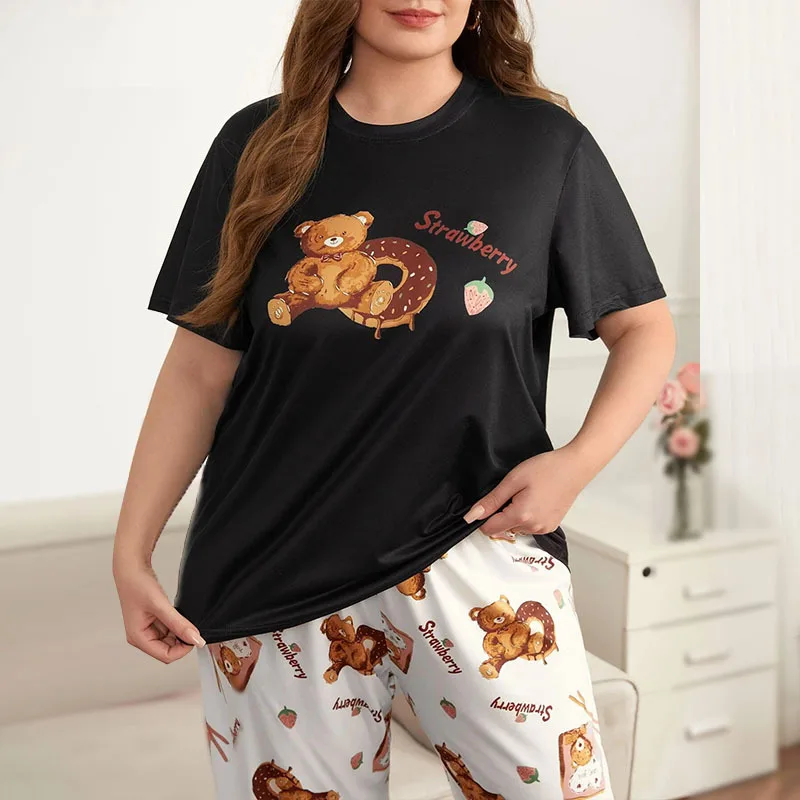 Plus Size 5XL Oversize Women\'s Pajamas Set Cartoon Print Sleepwear Smooth Soft Short-sleeved T-shirt Trousers Nightwear Homewear