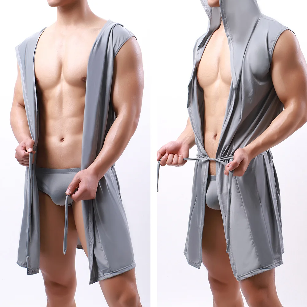 Men\'s Bathrobe Milk Silk Smooth for Young People Hat Sleeveless Thin Nightgown with Underwear Set Home Bottom Lingerie Sleepwear