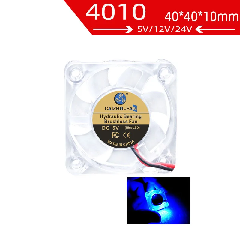 4010 40x40x10mm 4cm Hydraulic Bearing 2-Pin DC 5V 12V 24V Brushless Cooling Fan with blue LED Light Emitting