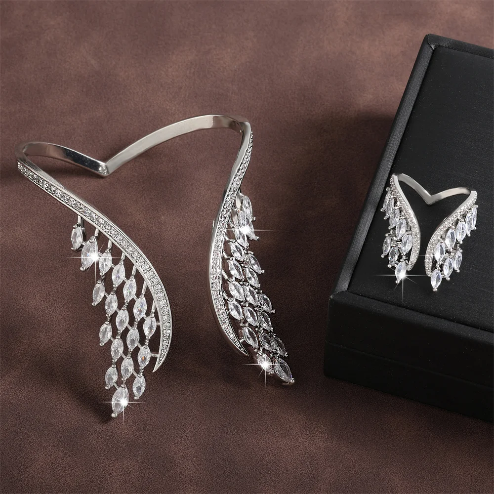 ZAKOL Luxury White Gold Color Wings Shape Cuff Bangle Ring Set for Women AAA Cubic Zirconia Bridal Women's Party Wedding Jewelry