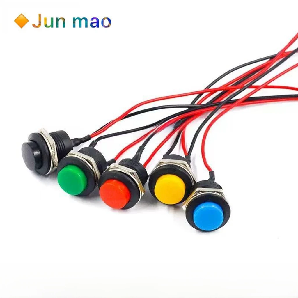 2/5PCS R13-507 16mm circular self reset button pressed, powered on, unlocked, normally open with wire switch in red and green