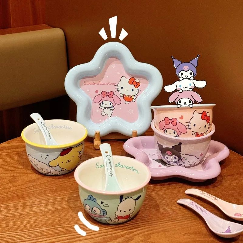 Cartoon Cat Print Ceramic Dinnerware Set High-Value Bowl Plate Chopsticks Spoon Combo Kawaii Tableware Kit for Women Home Gift view 5