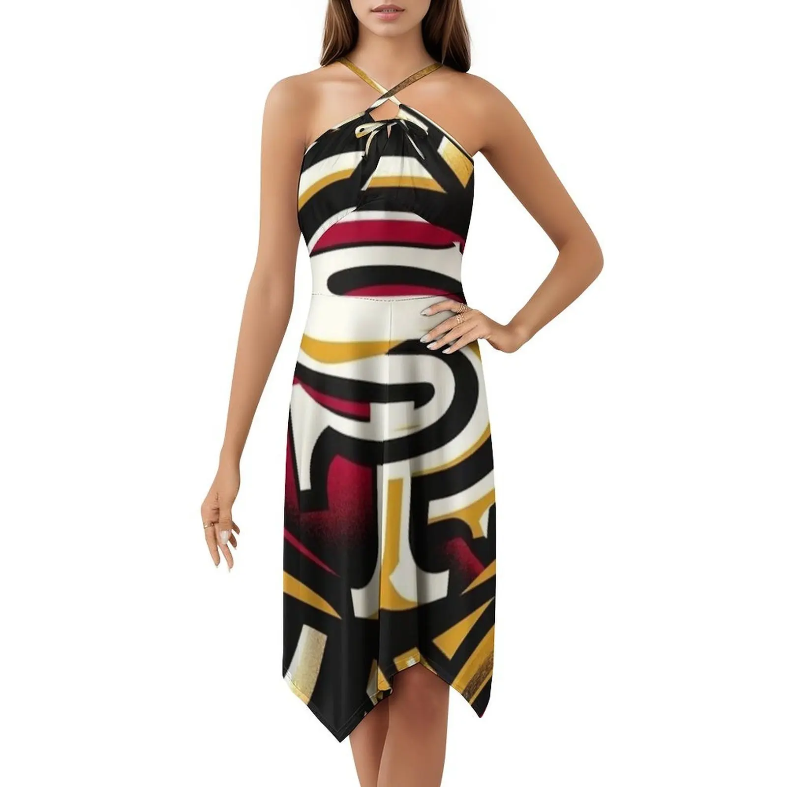 فستان هيب هوب نسائي ملابس الشارع مطبوع عليه رسومات جرافيكية للحفلات والنوادي فستان كرة القدم الأمريكية باللونين الأحمر والذهبي #5