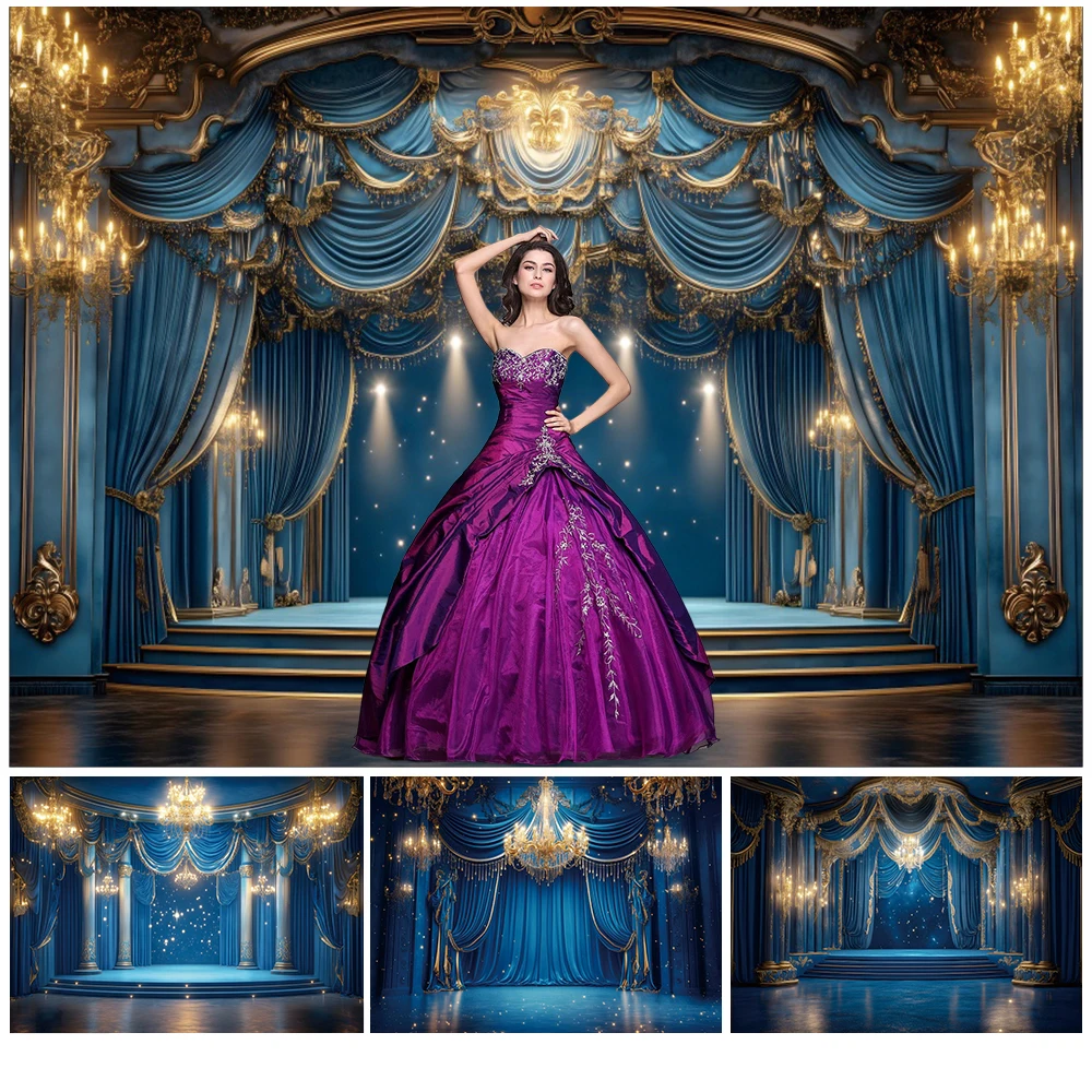 

Royal Blue Luxury Palace Photography Background European Castle Chandelier Staircase Baby Birthday Party Wedding Photo Backdrop