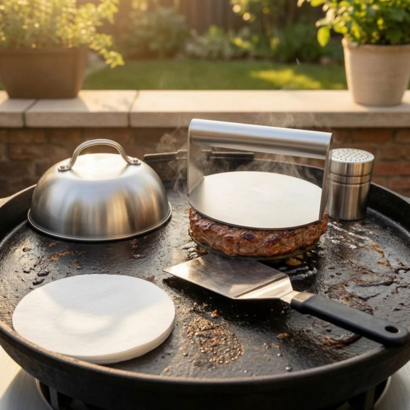 5 Pieces Griddle Accessories Kit with Burger Press Heavy-Duty Grill Set with Dome Cover Teppanyaki Set Heat-Resistant