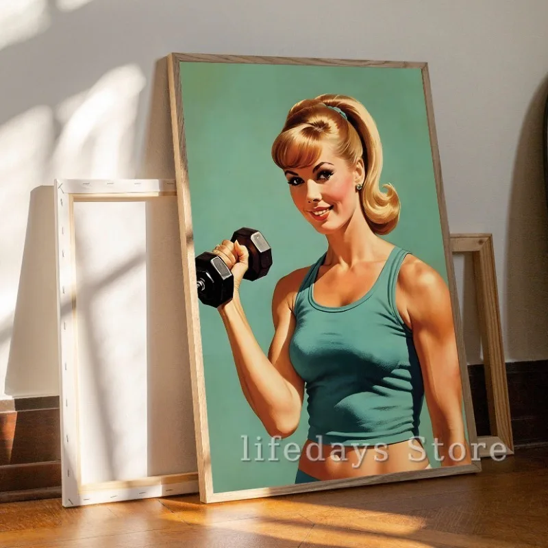 Retro Gym Girl Exercise Fitness Poster and Print Canvas Painting Body Building Weightlifting Wall Art Picture for Gym Room Decor
