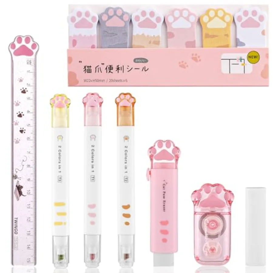 

8 Pcs Cute Cat Paw Stationery Set Kawaii School Office Supplies Including Eraser Correction Tape Highlighters Sticky Notes Rule