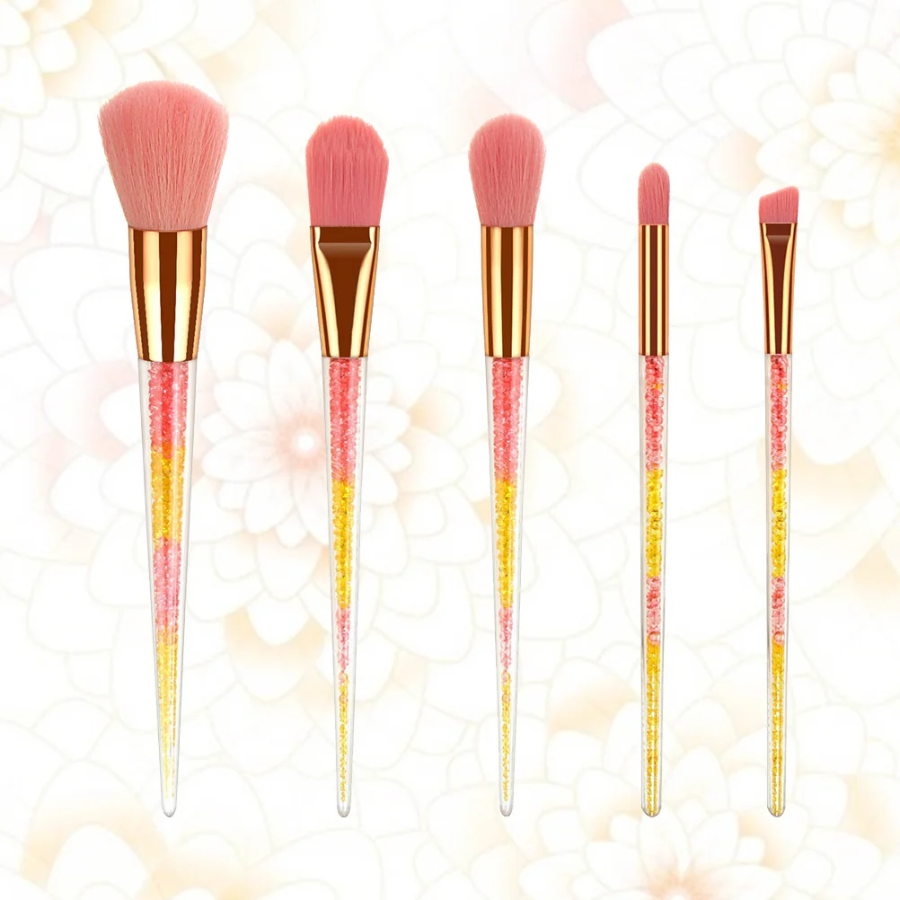 5개 투명 손잡이 브러쉬 세트 핑크 헤어 휴대용 메이크업 브러쉬 크리스탈 콘 모양 파운데이션 블러쉬 파우더용