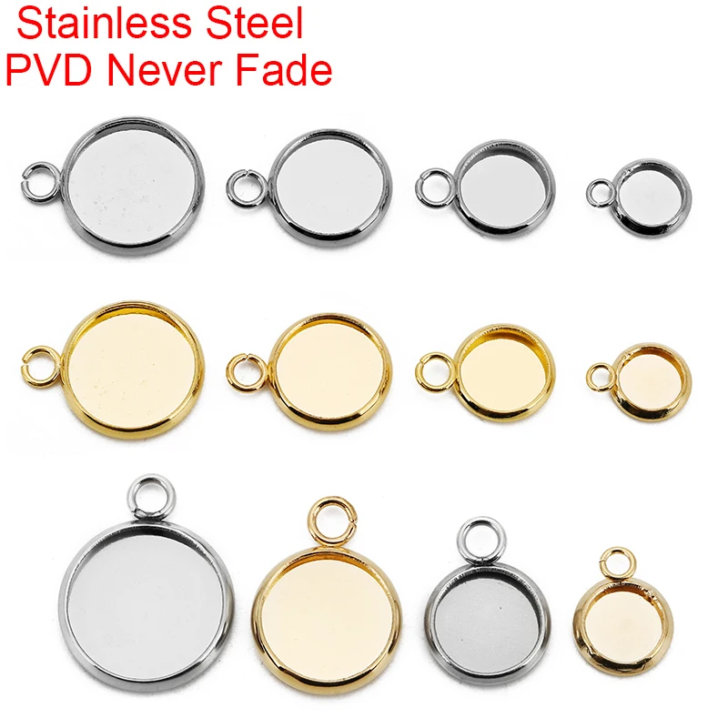 20pcs PVD 6 8 10 12 mm Stainless Steel Necklace Pendants Settings Base Never Fade Cabochon Cameo Tray Bracelets Jewelry Making