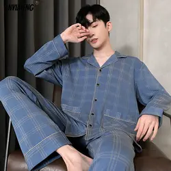 Big Size L-4XL Soft Cotton Pijamas Men Pyjamas Homewear Long-sleeve Casual Sleepwear for Men Homewear Plaid Pajamas Set for Male