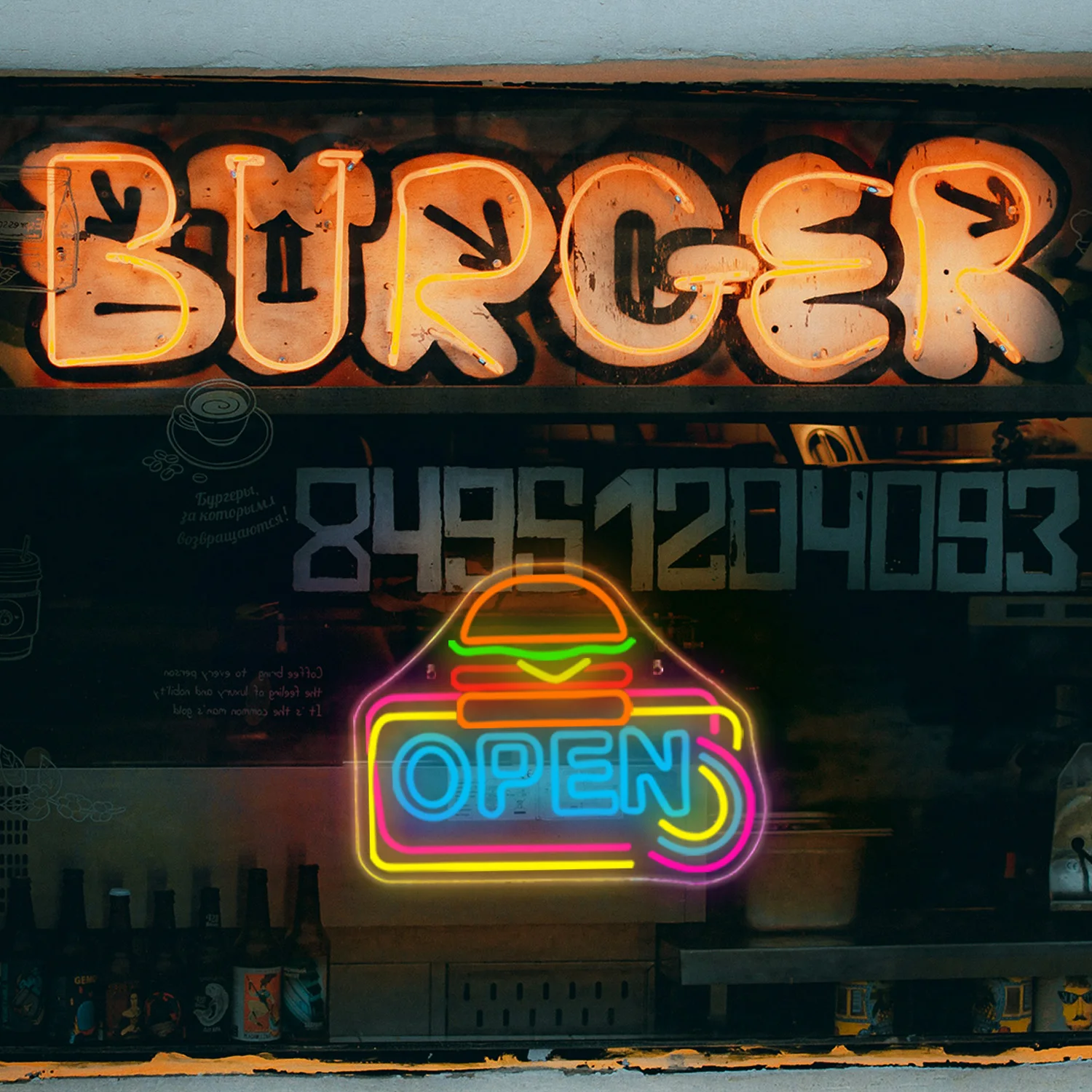 Hamburger Open Neon Sign Led Light Up Sign Burger Shop Opening Decor For Fast Food Business Led Sign Room Restaurant Decor