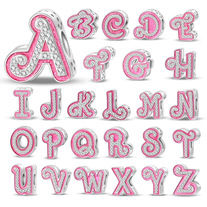 

26 Pink Pave A- Z Alphabet Beads 925 Silver Love Charms Beads Fit Pandora 925 Original Bracelets DIY Fine Birthday Jewelry Gifts