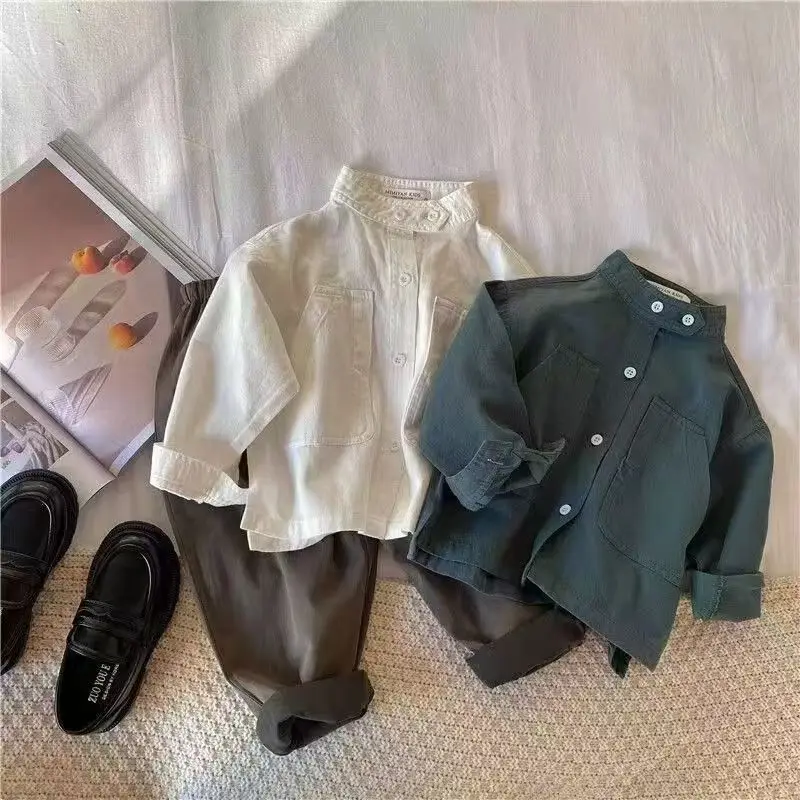 Children's Shirt Spring Autumn New Solid Color Standing Neck Shirt for Boys Girls Top Coat Solid Color Baby Children's Clothing