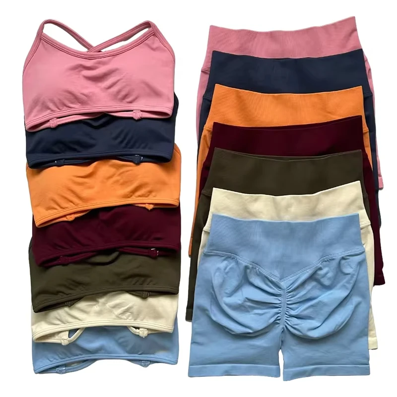 New Seamless Shorts Sets Shockproof Sexy Backless Bra High Waist Leggings Breathable Women's Tight Fitting Sports Gym Suits