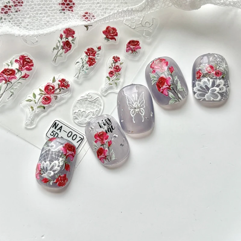 2 قطعة 5D تنقش مسمار ملصقات فنية أنيقة الورود الحمراء الزهور الأبيض الأربطة المتزلجون مسمار ملصقات زينة للتقليم #6