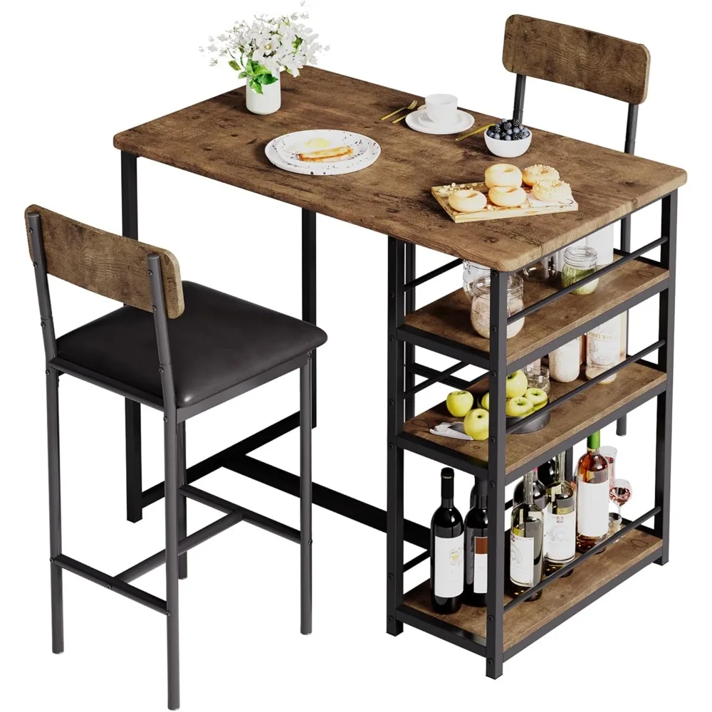 

Double Bar Table and Chair Set with 3 Storage Shelves; Kitchen Table and Chair Set with Sturdy MDF Tabletop and Steel Frame