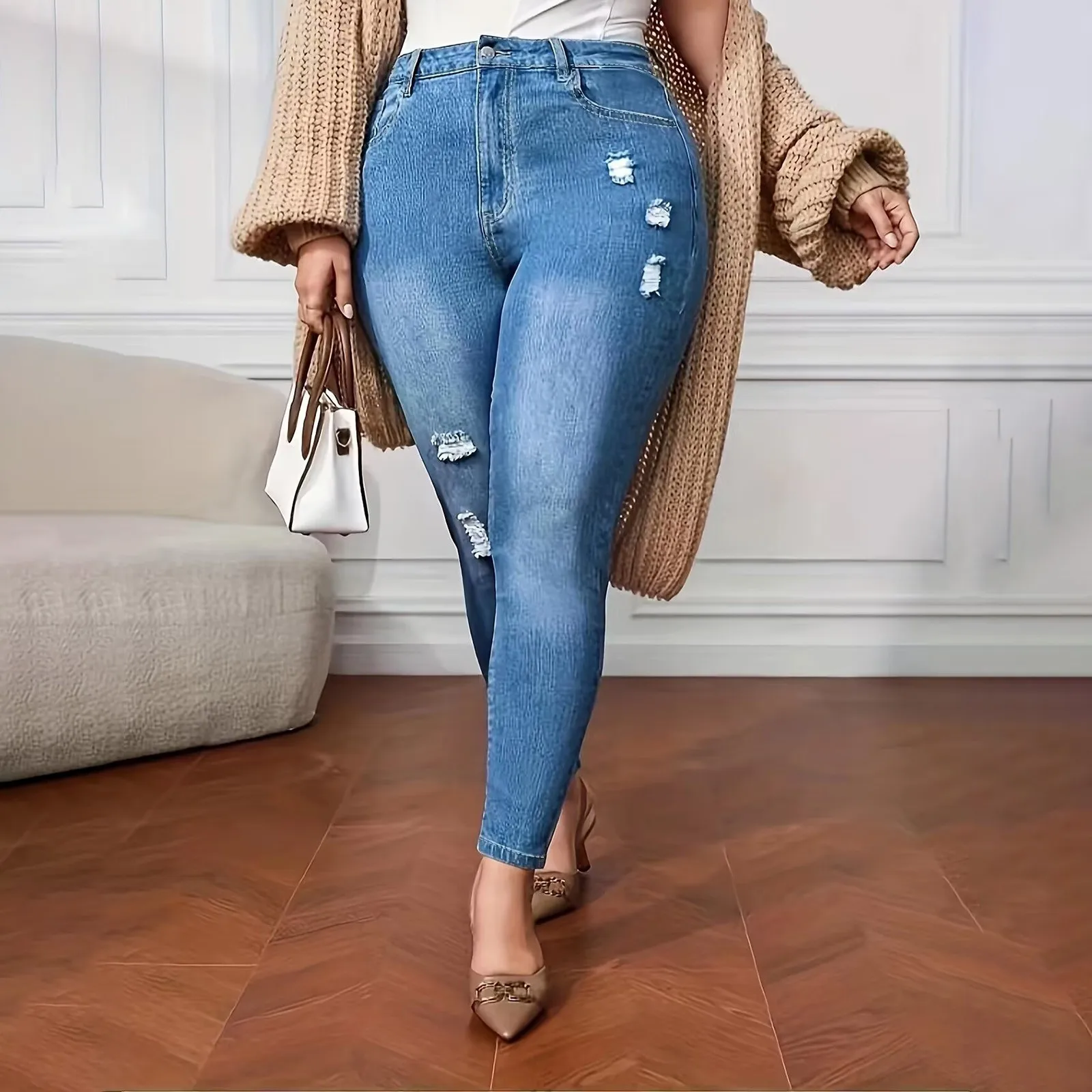 Dames Stretchy Skinny Jeans Mollige Meid Hoge Taille Gat Gescheurd Push Up Jeans Slim Fit Denim Broek Dames Jeggings