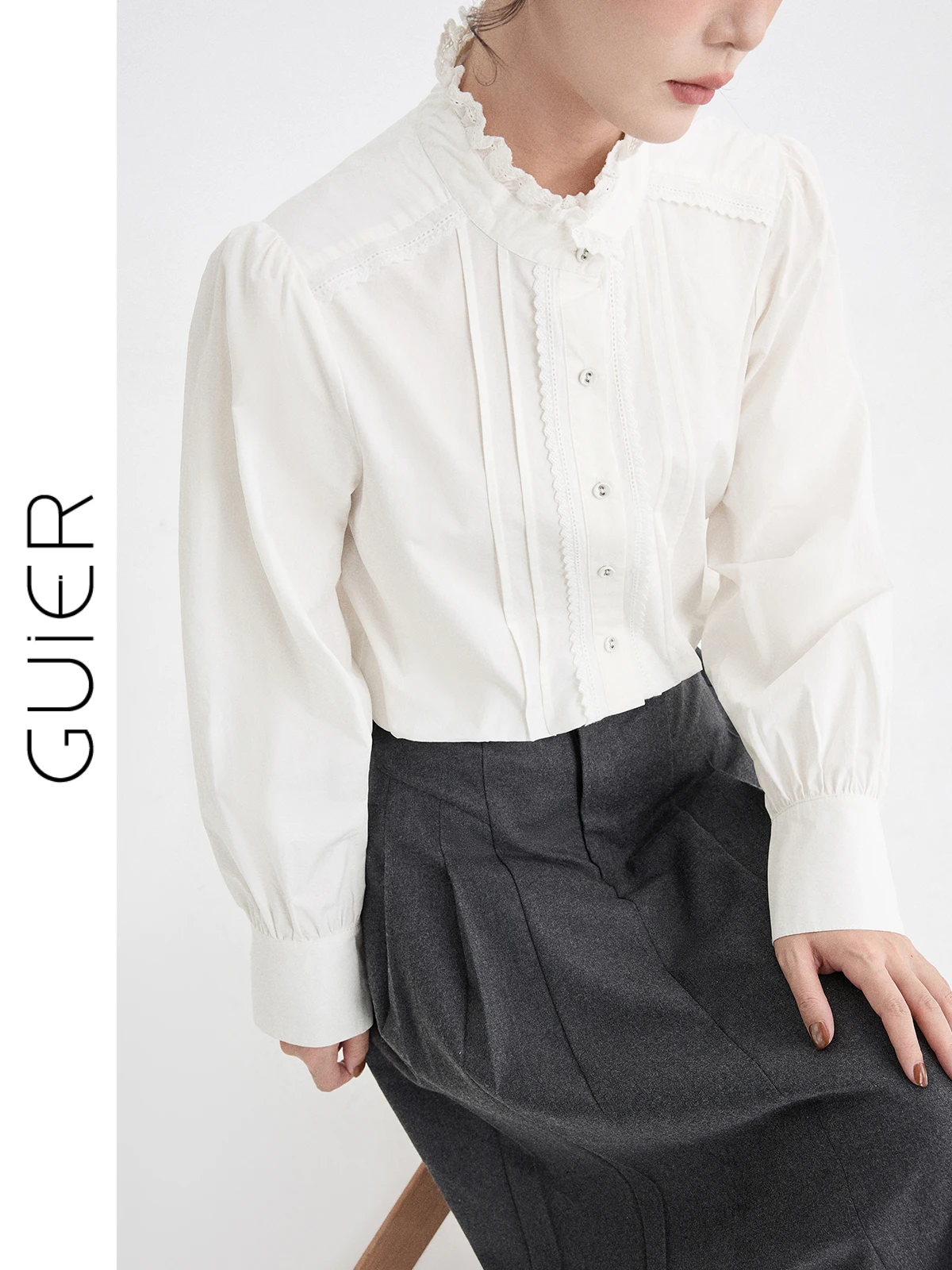 

White Lace Collar irt Women's Spring 2026 New Sle Stand Collar Pleated Retro Small ence irt French Sle Long Sve