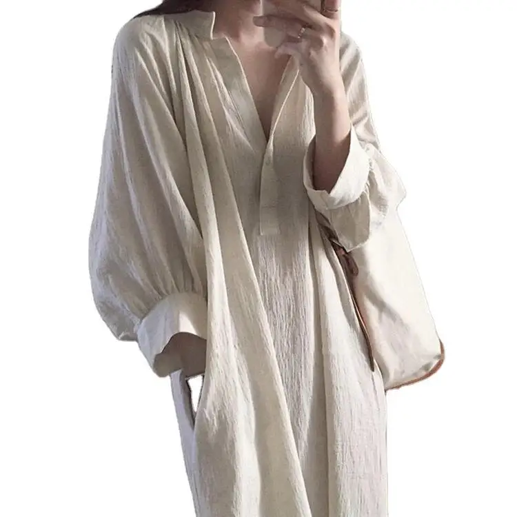 

New Val Women's Cotton Linen irt Long O Ne Svel Mid-Length Pure Color Lantern Sve Spring Faion Ladies' irt