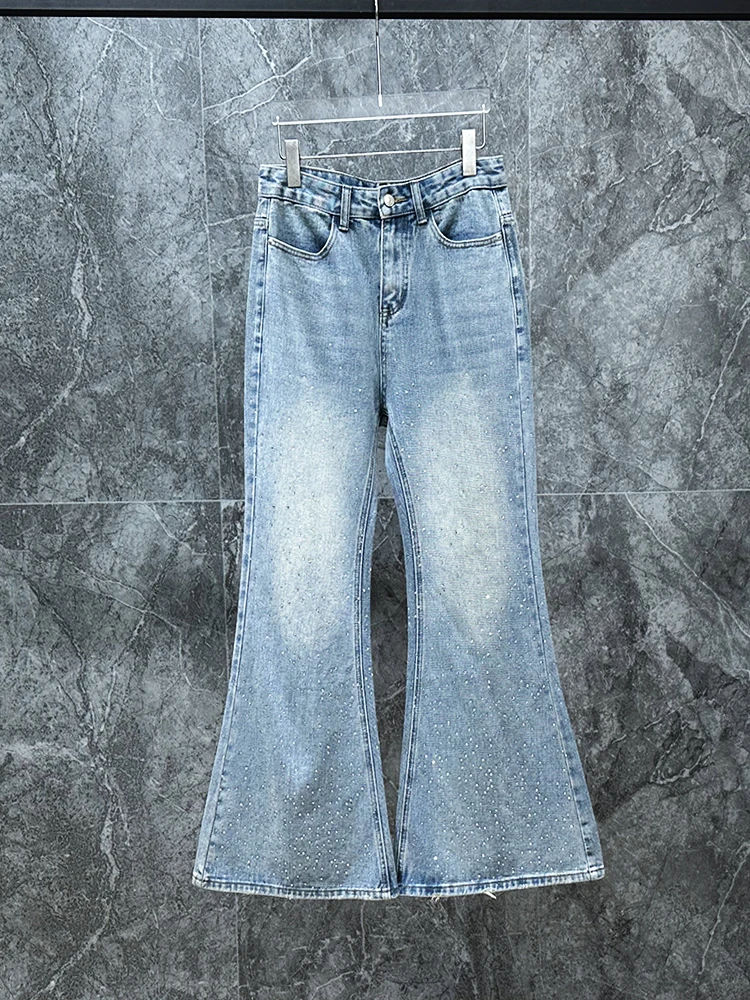 Trendy Men's Light Blue Denim Jeans Heavy Embellied Micro Flared Design Faionable Versatile Casual High Waist Long Pants