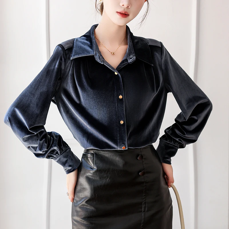 Camicia in velluto blu navy da donna 2025 Camicetta francese elegante a maniche lunghe per stratificazione Camicia da ufficio basic autunno inverno